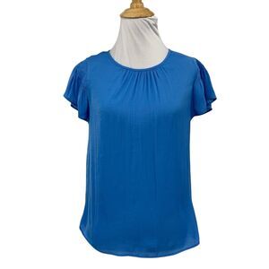 Joie Top Womens XS Extra Small Blue Keyhole Pleat Neck Short Sleeve Flutter